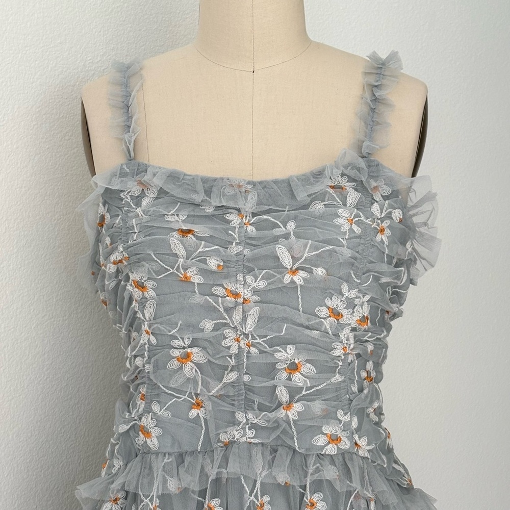 Anthropologie Blue Tulle Maxi Dress NWT Floral Embroidered Ruched M - Picture 3 of 10
